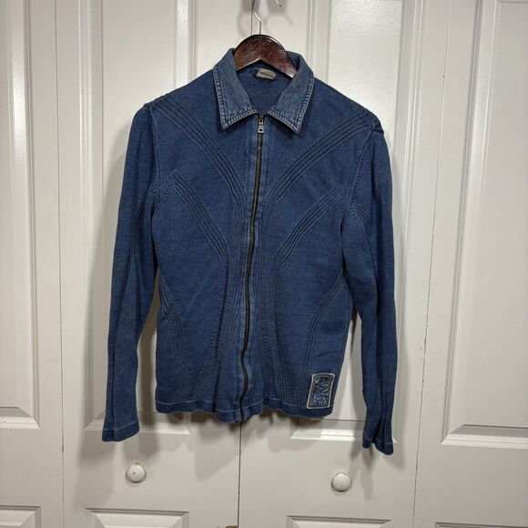 Blue Willi's Knit Denim Jacket Women XL Boho Western Zip Y2K Cottagecore Rare - Picture 1 of 8
